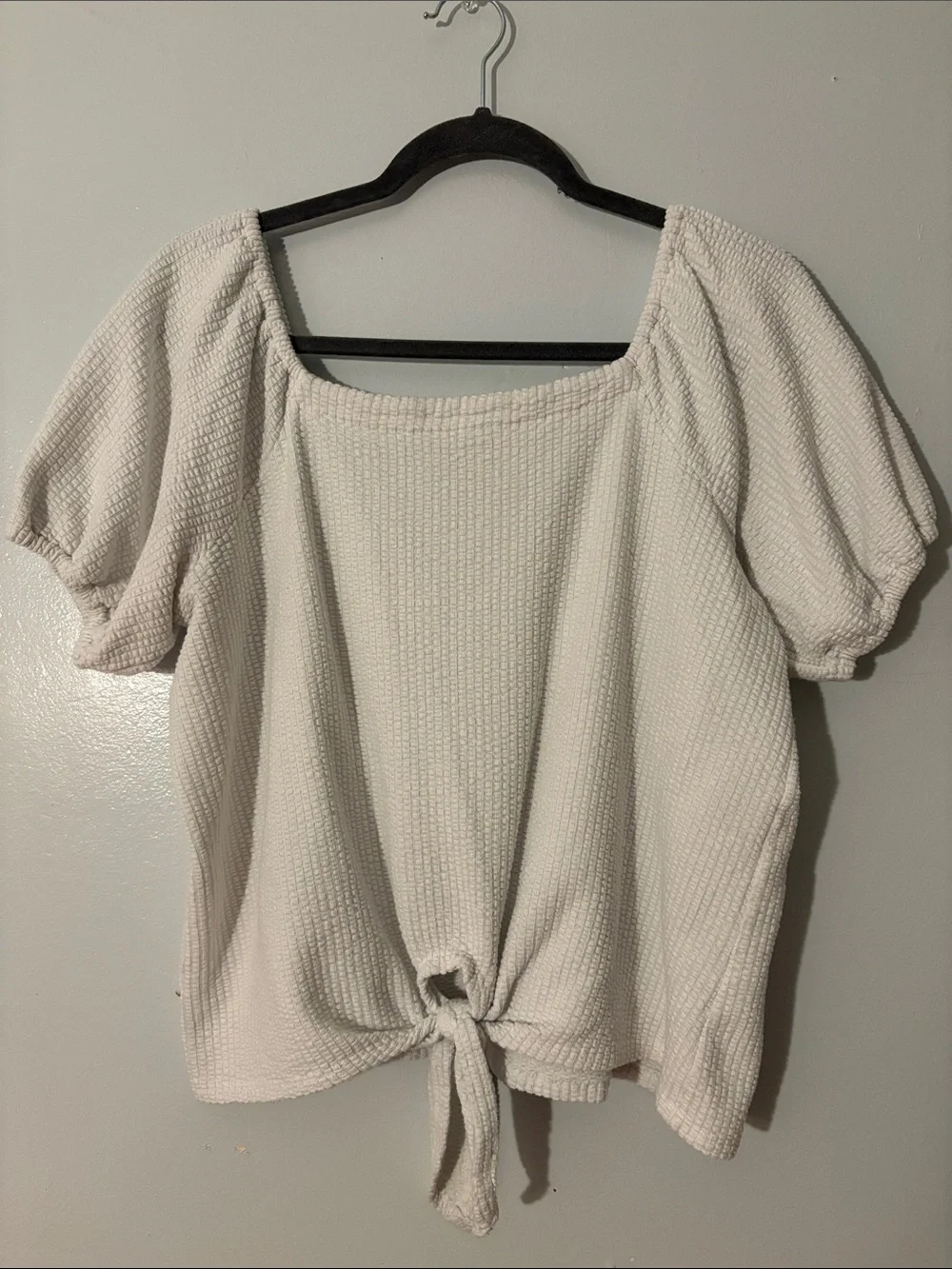 LOFT Cream Textured Square Neck Tie-Front Puff Sleeve Top